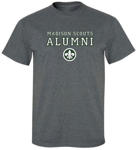 A heather grey t-shirt with "Madison Scouts Alumni" in white and green block lettering.