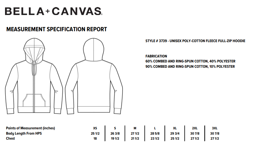 Bella canvas shop hoodie size chart